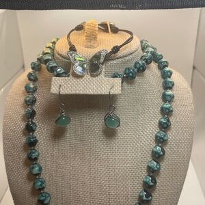 Green painted Necklace with cat eyes glass earrings & mosaic butterfly bracelet